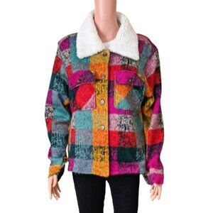 Bibi Colorful Plaid Shacket Jacket XL Women's Patchwork Faux Fur Collar Stretch